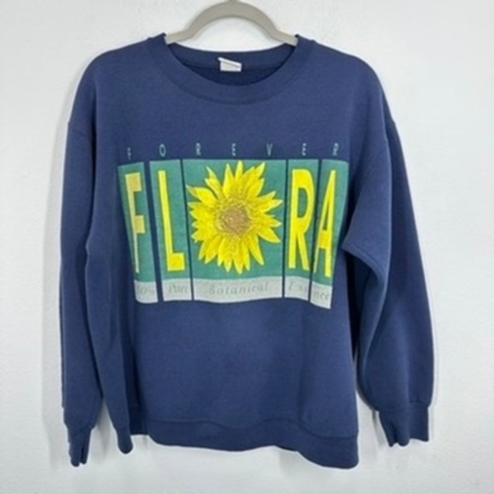 Vintage Forever Flora Sunflower Sweatshirt Navy Blue Botanical Graphic Crewneck